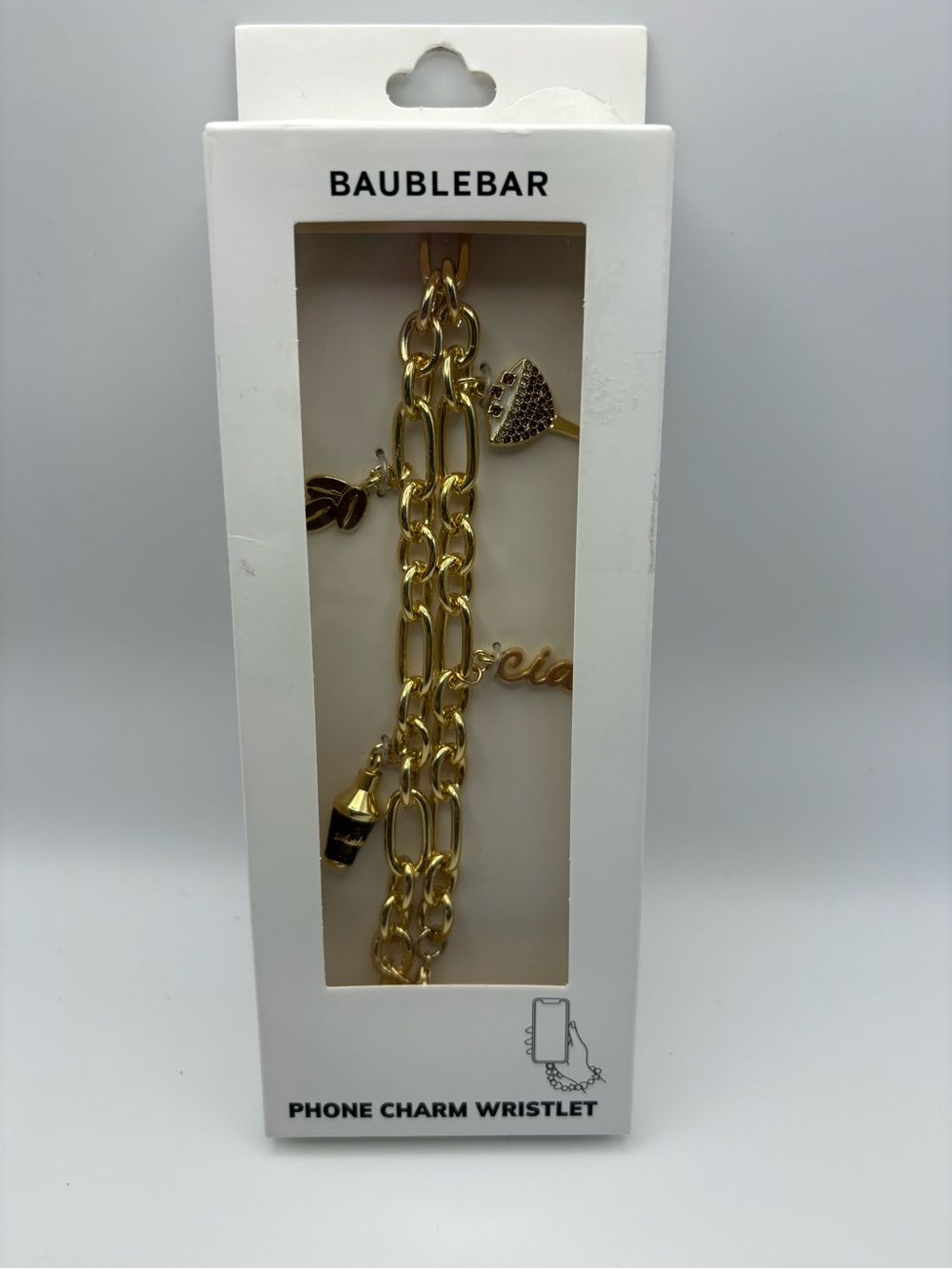 BaubleBar Gold-tone Chain Phone Charm Wristlet Espresso Martini Themed Charms